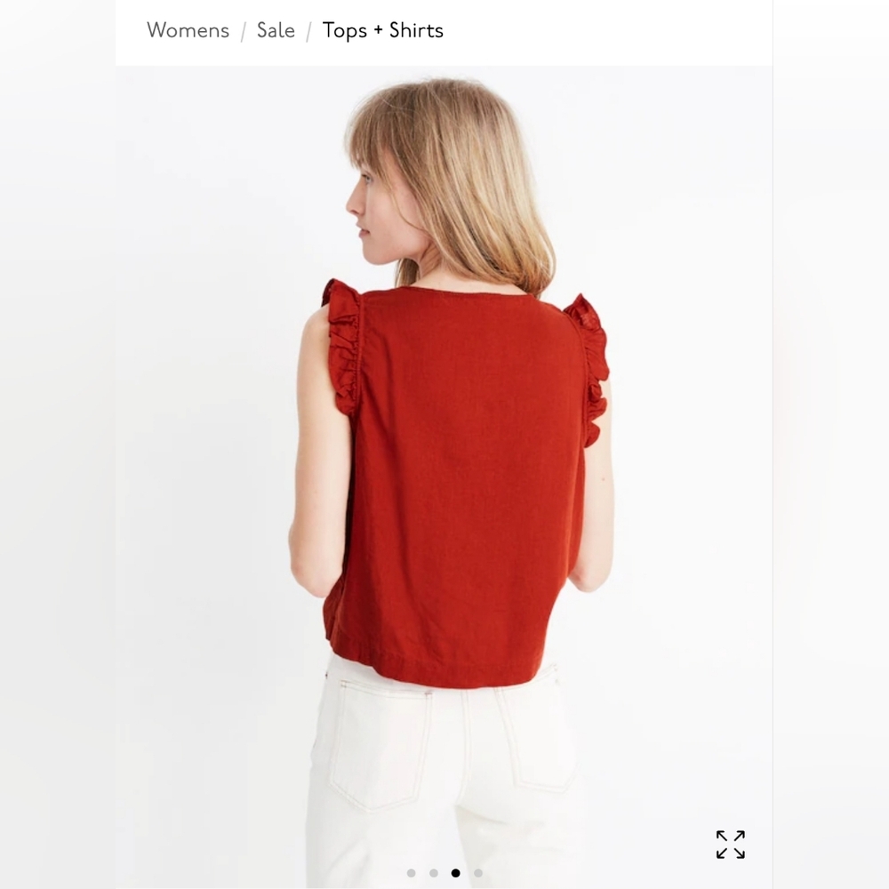 Madewell Red Ruffle Sleeveless V-Neck Linen Blouse - Picture 5 of 8